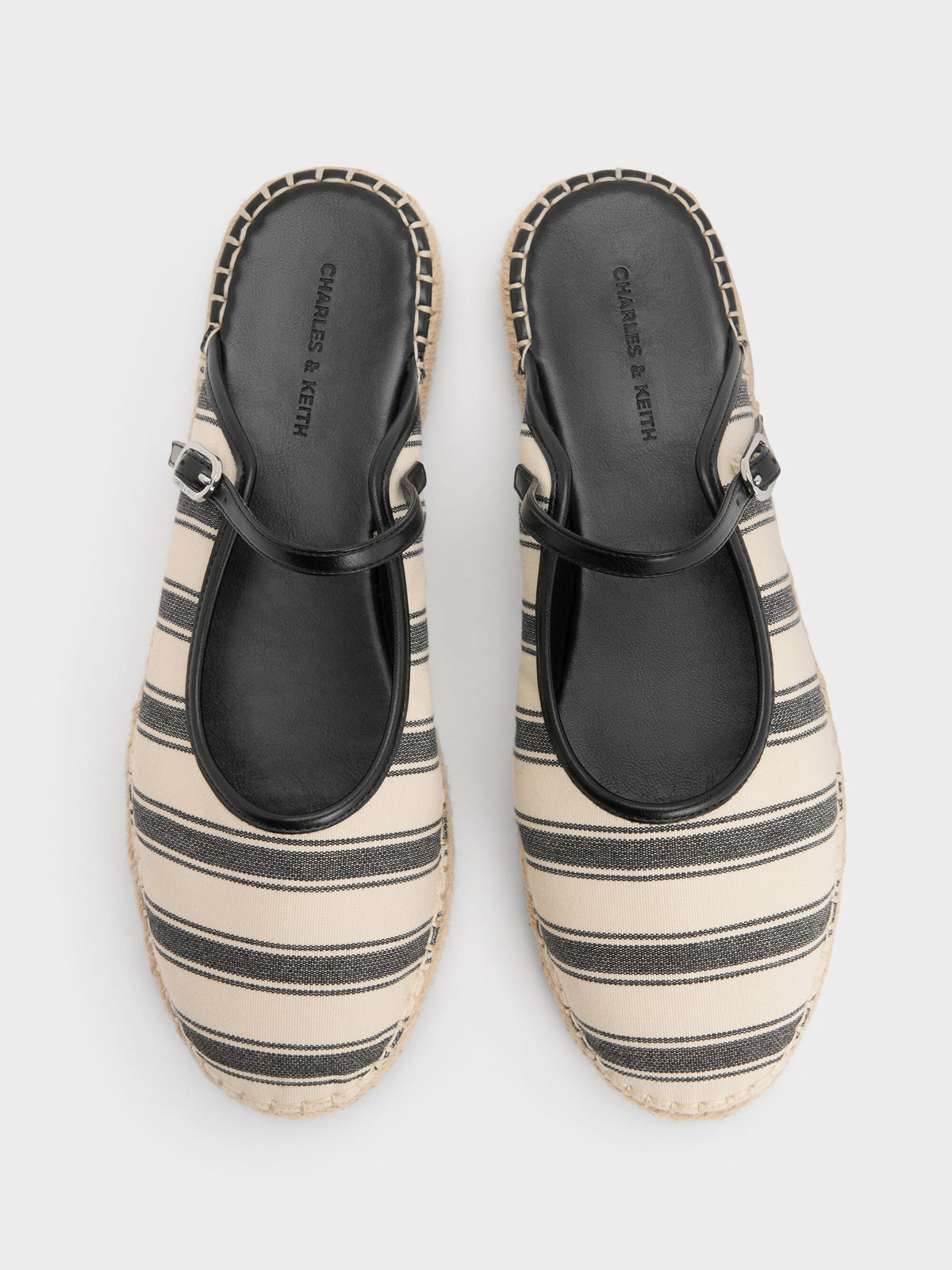 CHARLES & KEITH New | Striped Mary Jane Espadrille Mules - Black Textured