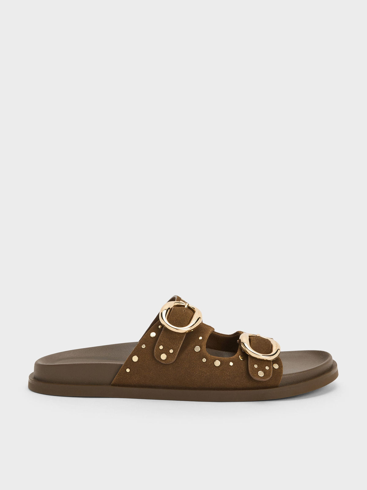CHARLES & KEITH Hot Sale | Studded Buckled Double-Strap Slides - Brown
