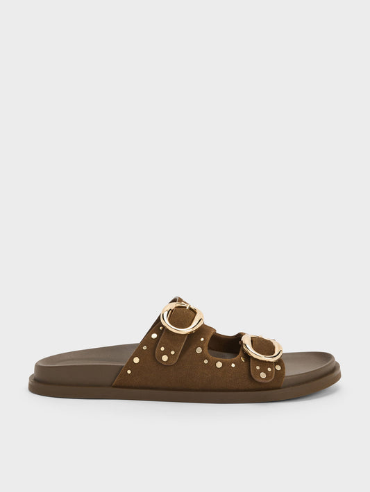 CHARLES & KEITH Hot Sale | Studded Buckled Double-Strap Slides - Brown
