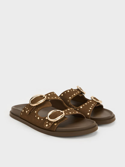 CHARLES & KEITH Hot Sale | Studded Buckled Double-Strap Slides - Brown