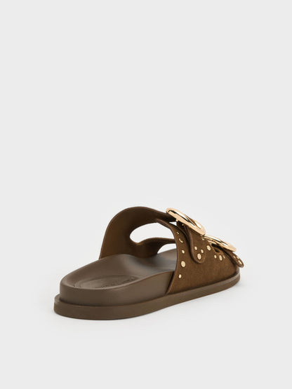 CHARLES & KEITH Hot Sale | Studded Buckled Double-Strap Slides - Brown