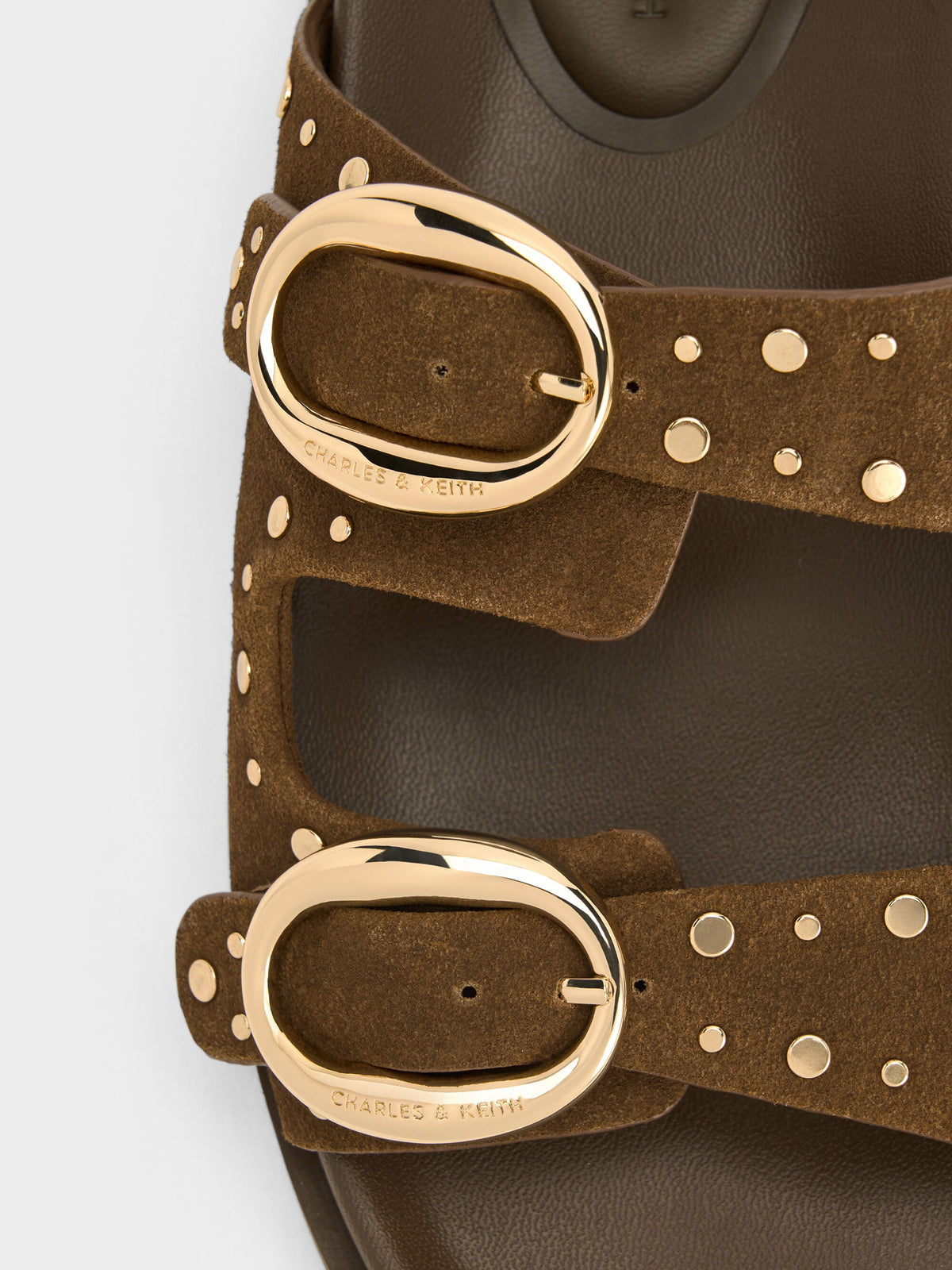 CHARLES & KEITH Hot Sale | Studded Buckled Double-Strap Slides - Brown