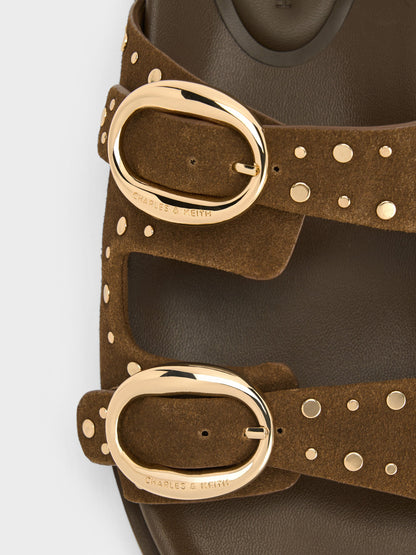 CHARLES & KEITH Hot Sale | Studded Buckled Double-Strap Slides - Brown
