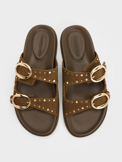 CHARLES & KEITH Hot Sale | Studded Buckled Double-Strap Slides - Brown