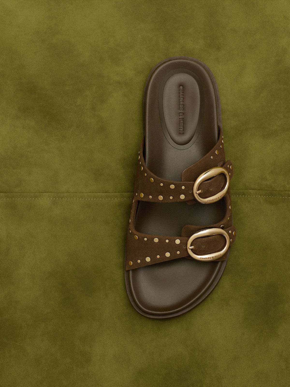 CHARLES & KEITH Hot Sale | Studded Buckled Double-Strap Slides - Brown
