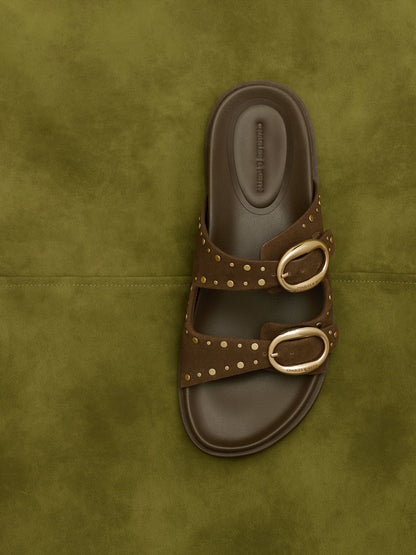 CHARLES & KEITH Hot Sale | Studded Buckled Double-Strap Slides - Brown