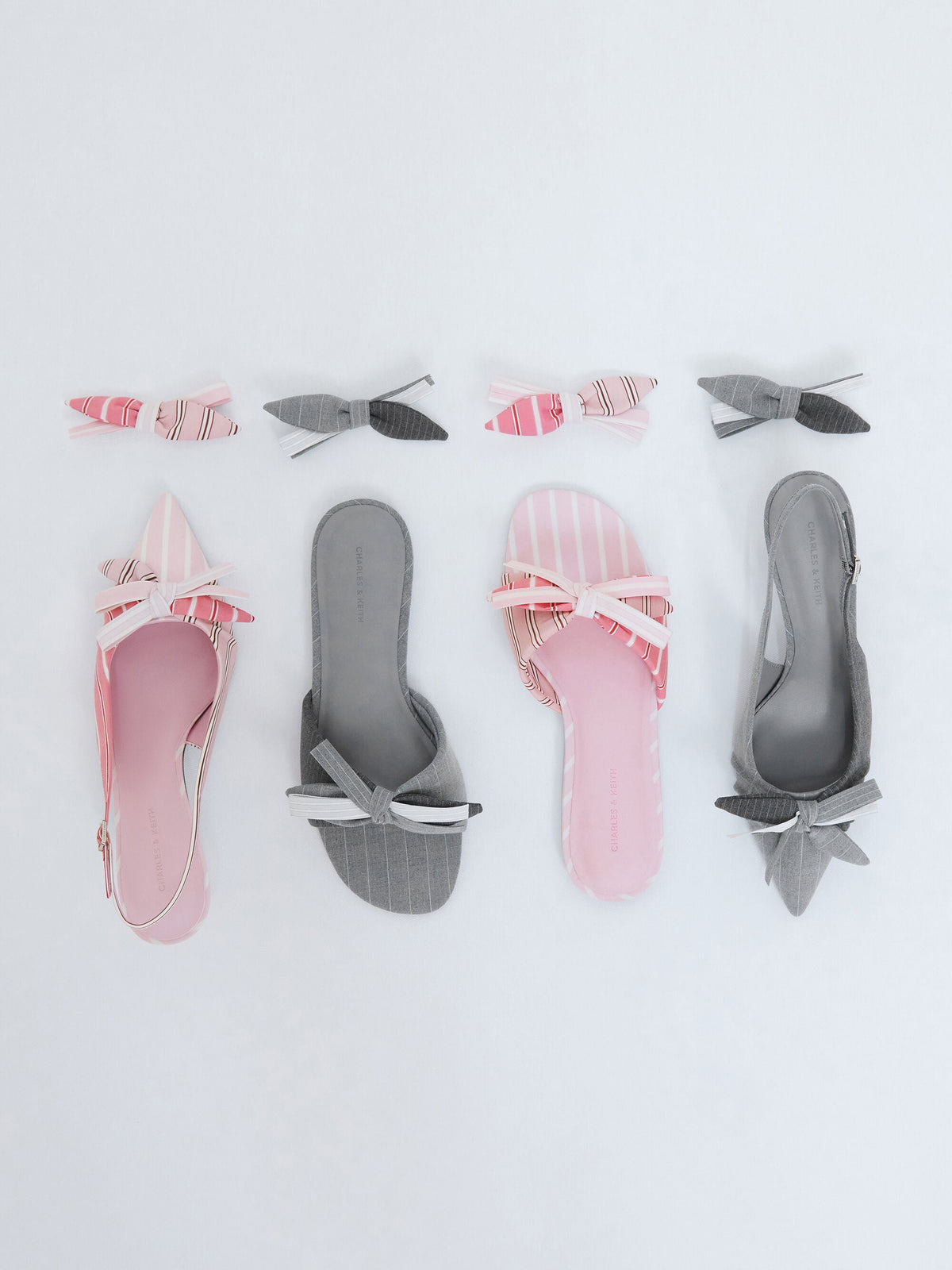 CHARLES & KEITH Popular | Striped Bow Slide Sandals - Grey