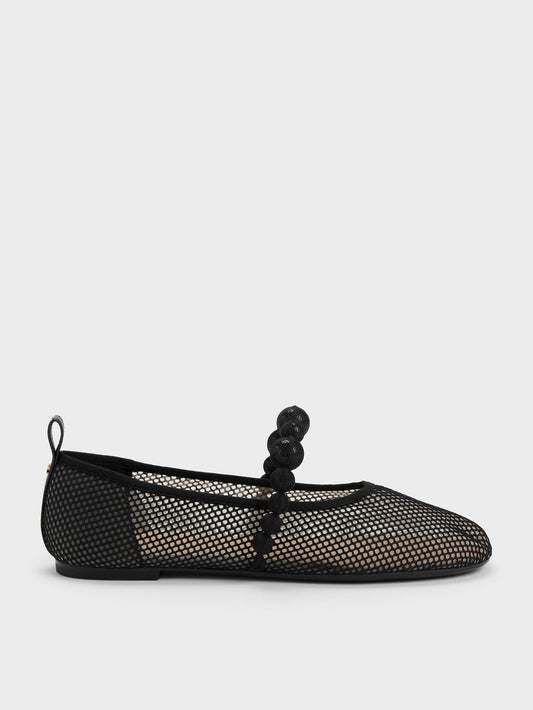 CHARLES & KEITH Best Seller | Leather Mesh Beaded Mary Jane Flats - Black Textured