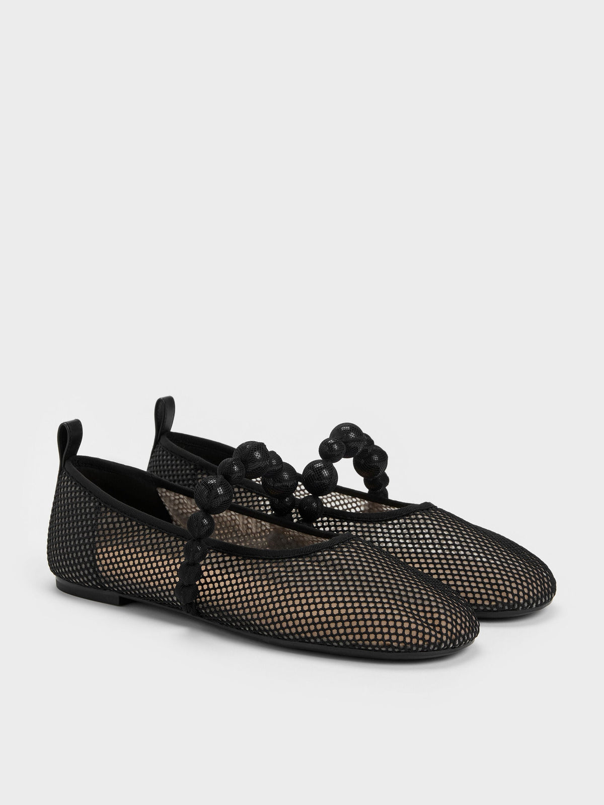 CHARLES & KEITH Best Seller | Leather Mesh Beaded Mary Jane Flats - Black Textured
