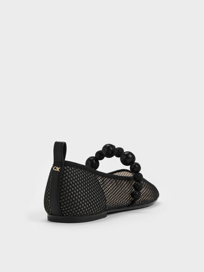 CHARLES & KEITH Best Seller | Leather Mesh Beaded Mary Jane Flats - Black Textured