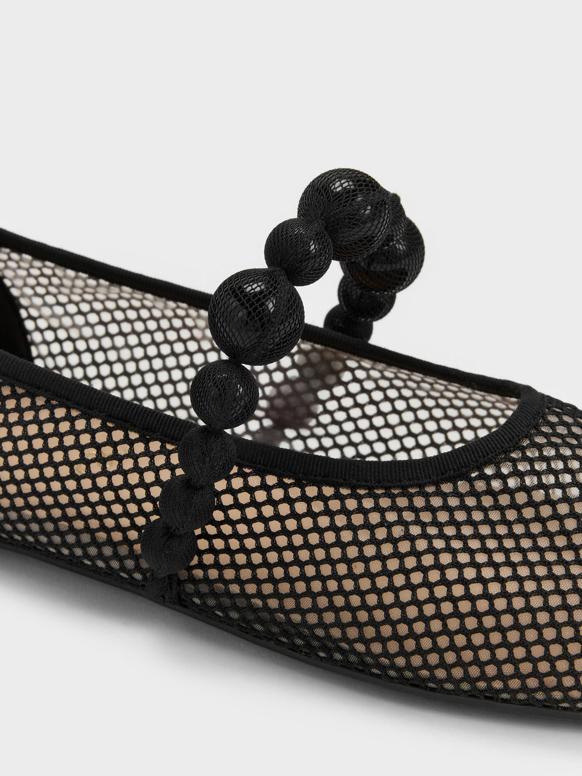 CHARLES & KEITH Best Seller | Leather Mesh Beaded Mary Jane Flats - Black Textured
