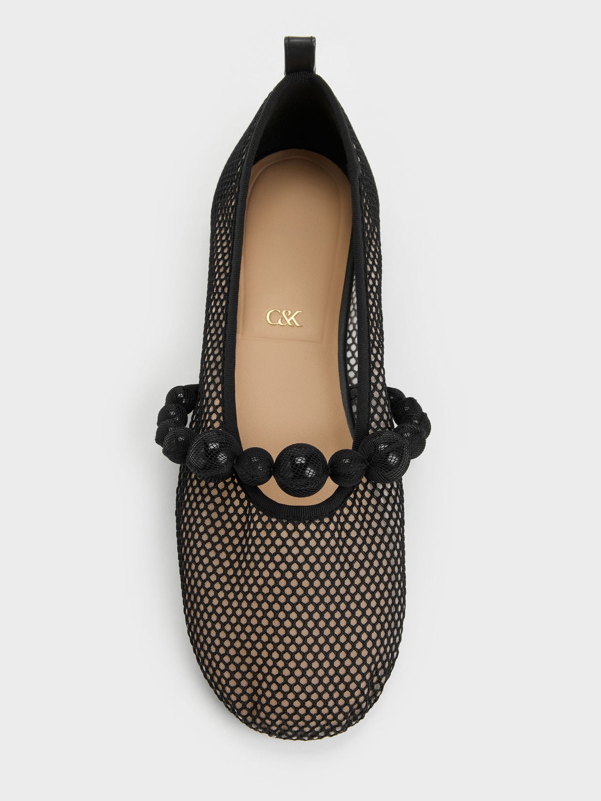 CHARLES & KEITH Best Seller | Leather Mesh Beaded Mary Jane Flats - Black Textured