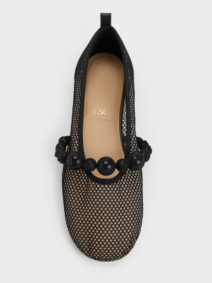 CHARLES & KEITH Best Seller | Leather Mesh Beaded Mary Jane Flats - Black Textured