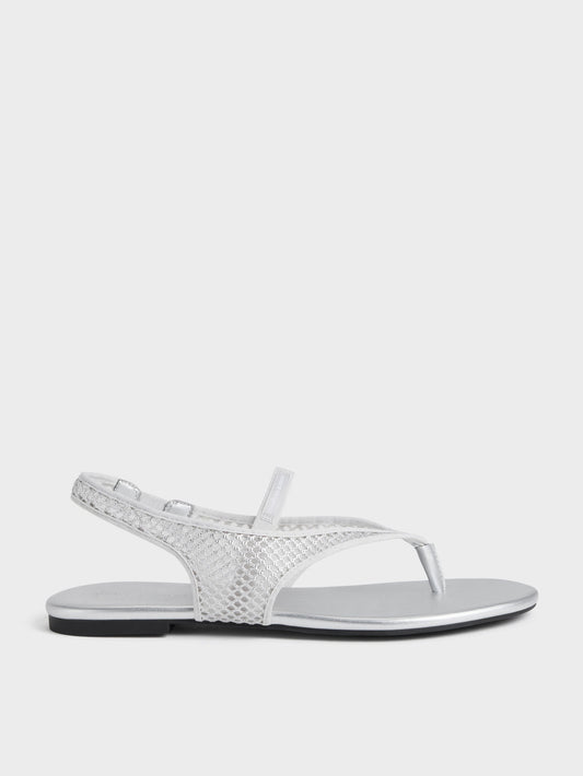CHARLES & KEITH Best Seller | Ellory Mesh Thong Slingback Sandals - Silver
