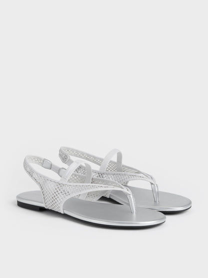 CHARLES & KEITH Best Seller | Ellory Mesh Thong Slingback Sandals - Silver