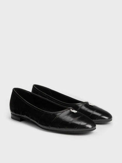 CHARLES & KEITH New | Griselda Eel-Effect Ballet Flats - Animal Print Black