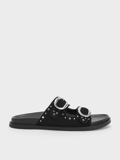 CHARLES & KEITH Latest | Studded Buckled Double-Strap Slides - Black
