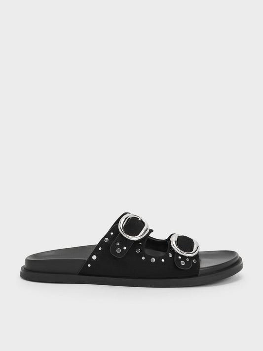 CHARLES & KEITH Latest | Studded Buckled Double-Strap Slides - Black