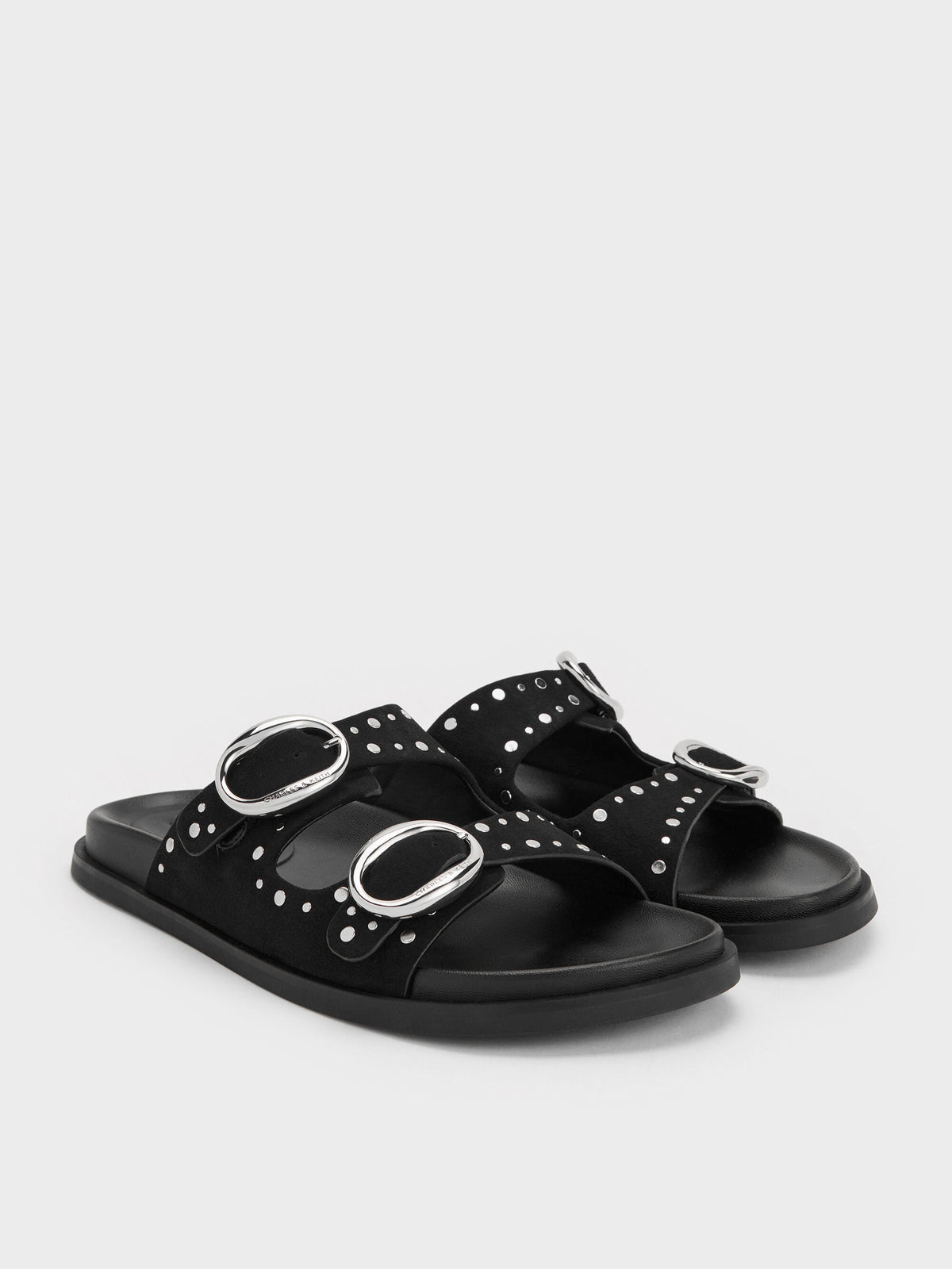 CHARLES & KEITH Latest | Studded Buckled Double-Strap Slides - Black