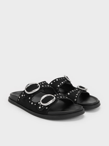 CHARLES & KEITH Latest | Studded Buckled Double-Strap Slides - Black