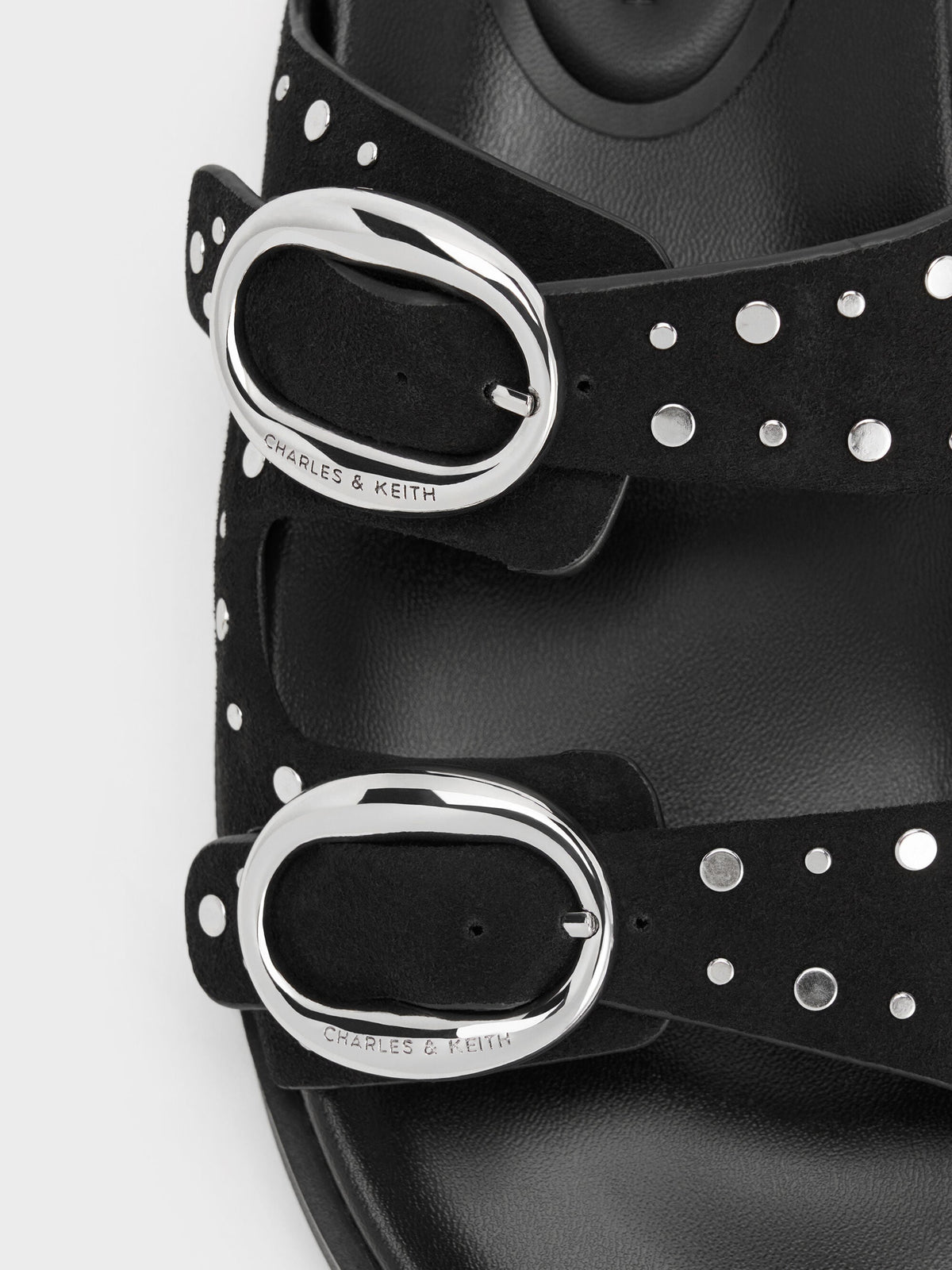 CHARLES & KEITH Latest | Studded Buckled Double-Strap Slides - Black
