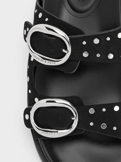 CHARLES & KEITH Latest | Studded Buckled Double-Strap Slides - Black
