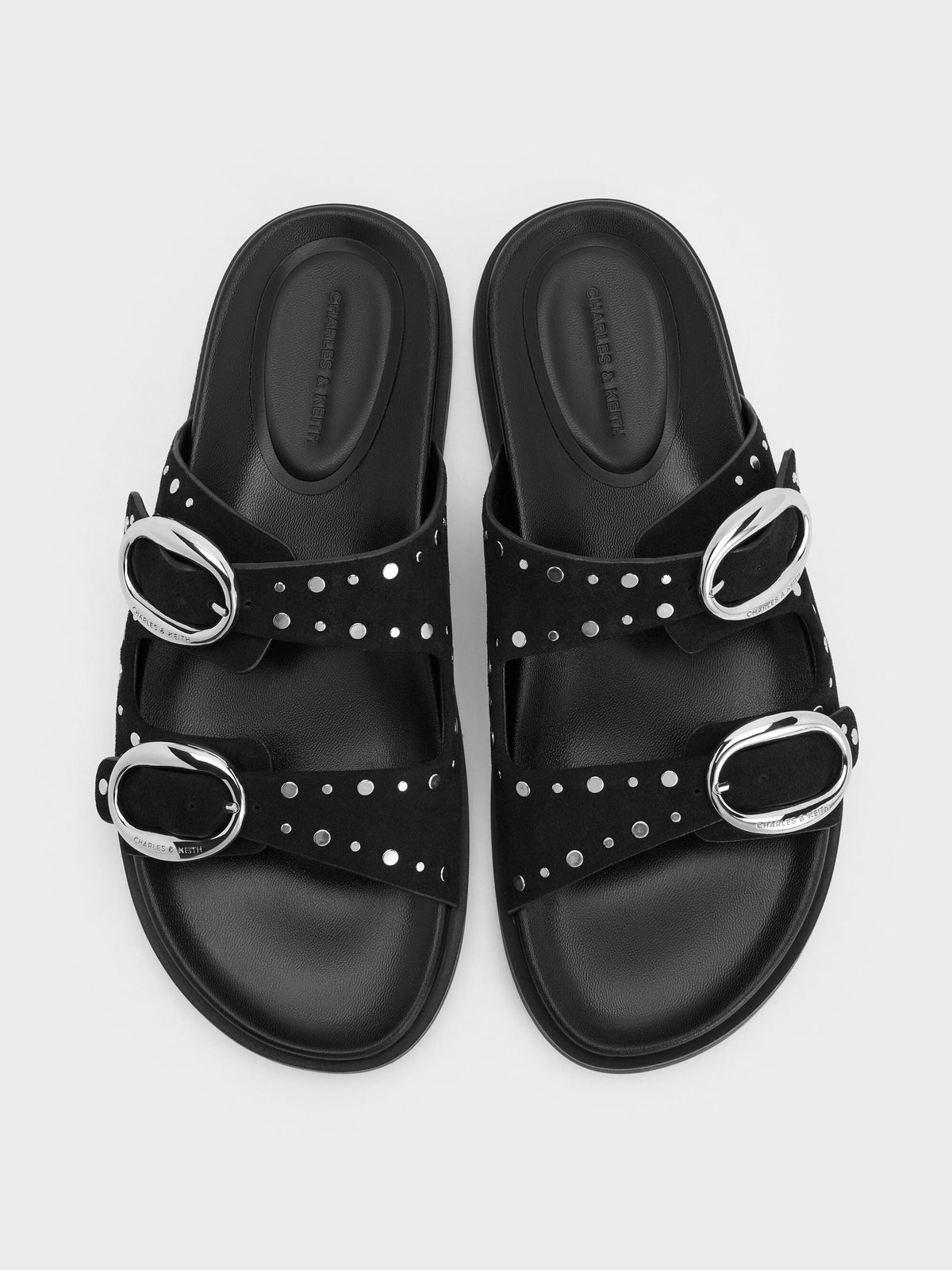 CHARLES & KEITH Latest | Studded Buckled Double-Strap Slides - Black