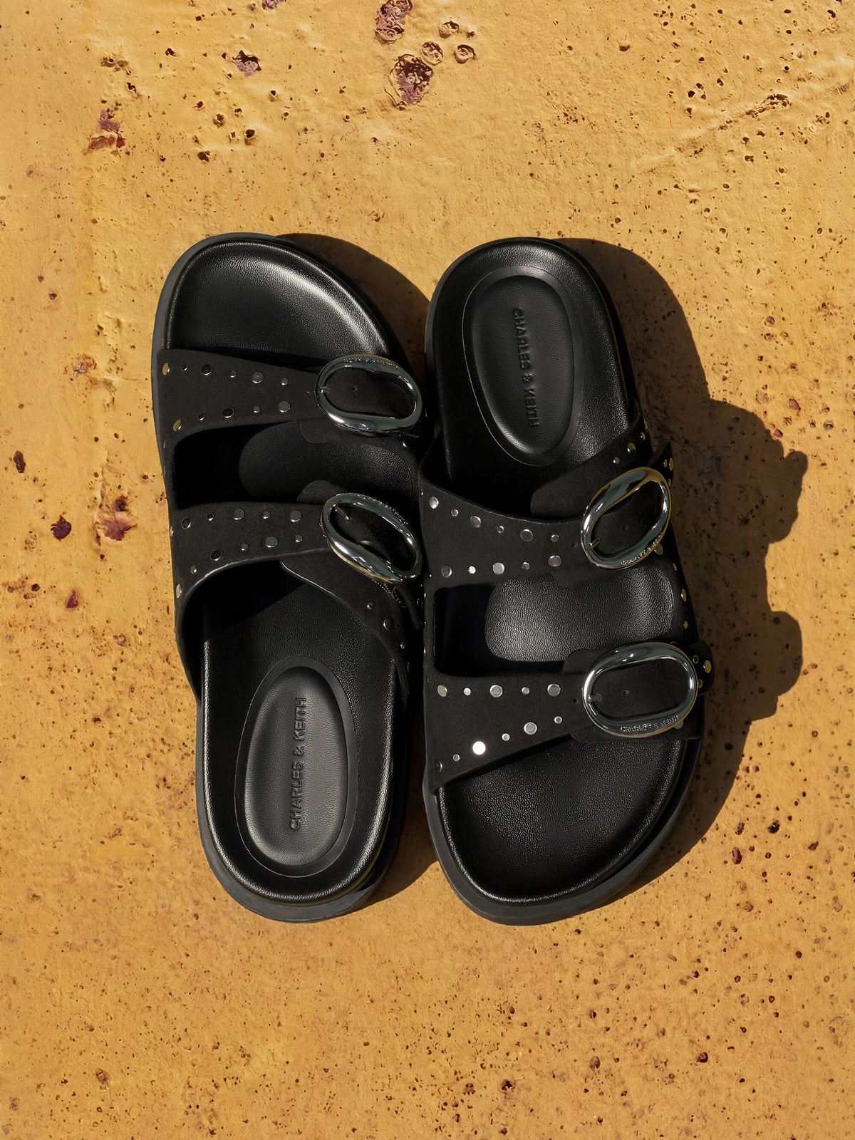 CHARLES & KEITH Latest | Studded Buckled Double-Strap Slides - Black