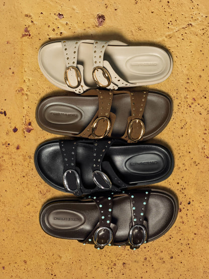 CHARLES & KEITH Latest | Studded Buckled Double-Strap Slides - Black