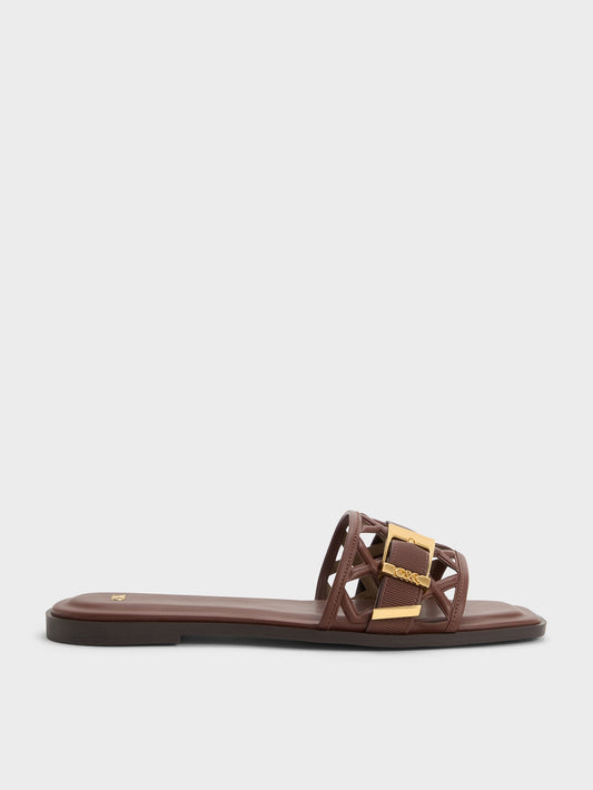 CHARLES & KEITH Featured | Whitney Leather Cut-Out Slide Sandals - Brown