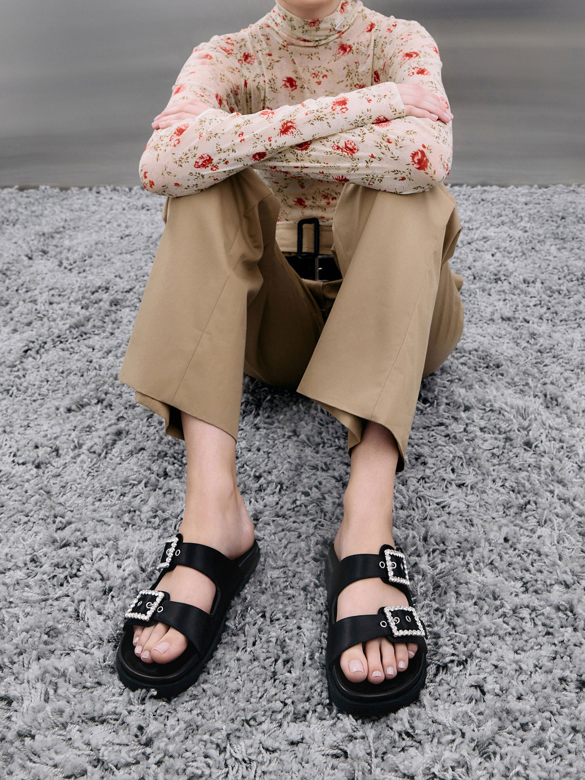 CHARLES & KEITH Value | Gem-Buckle Double-Strap Sandals - Black Textured
