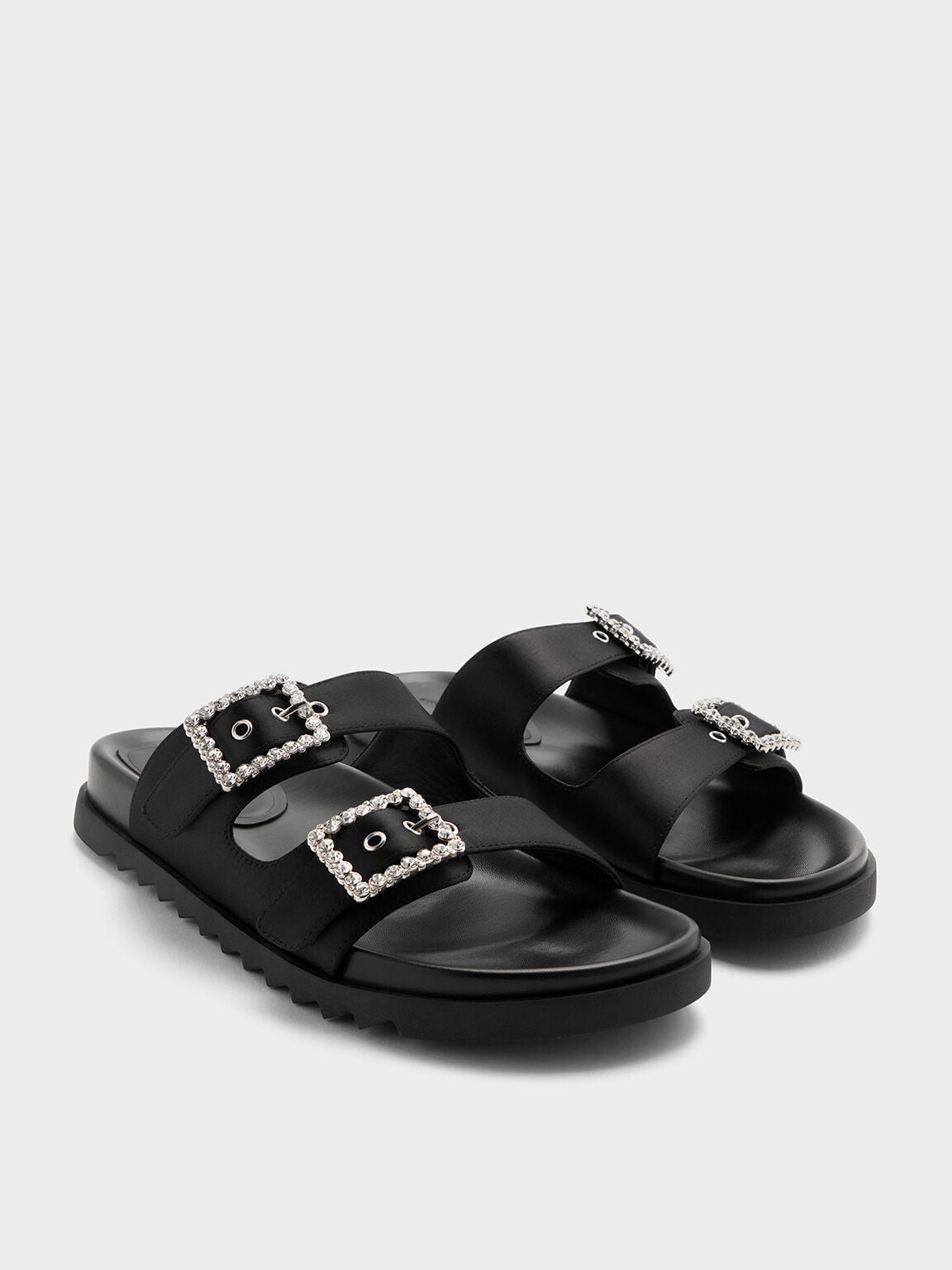 CHARLES & KEITH Value | Gem-Buckle Double-Strap Sandals - Black Textured