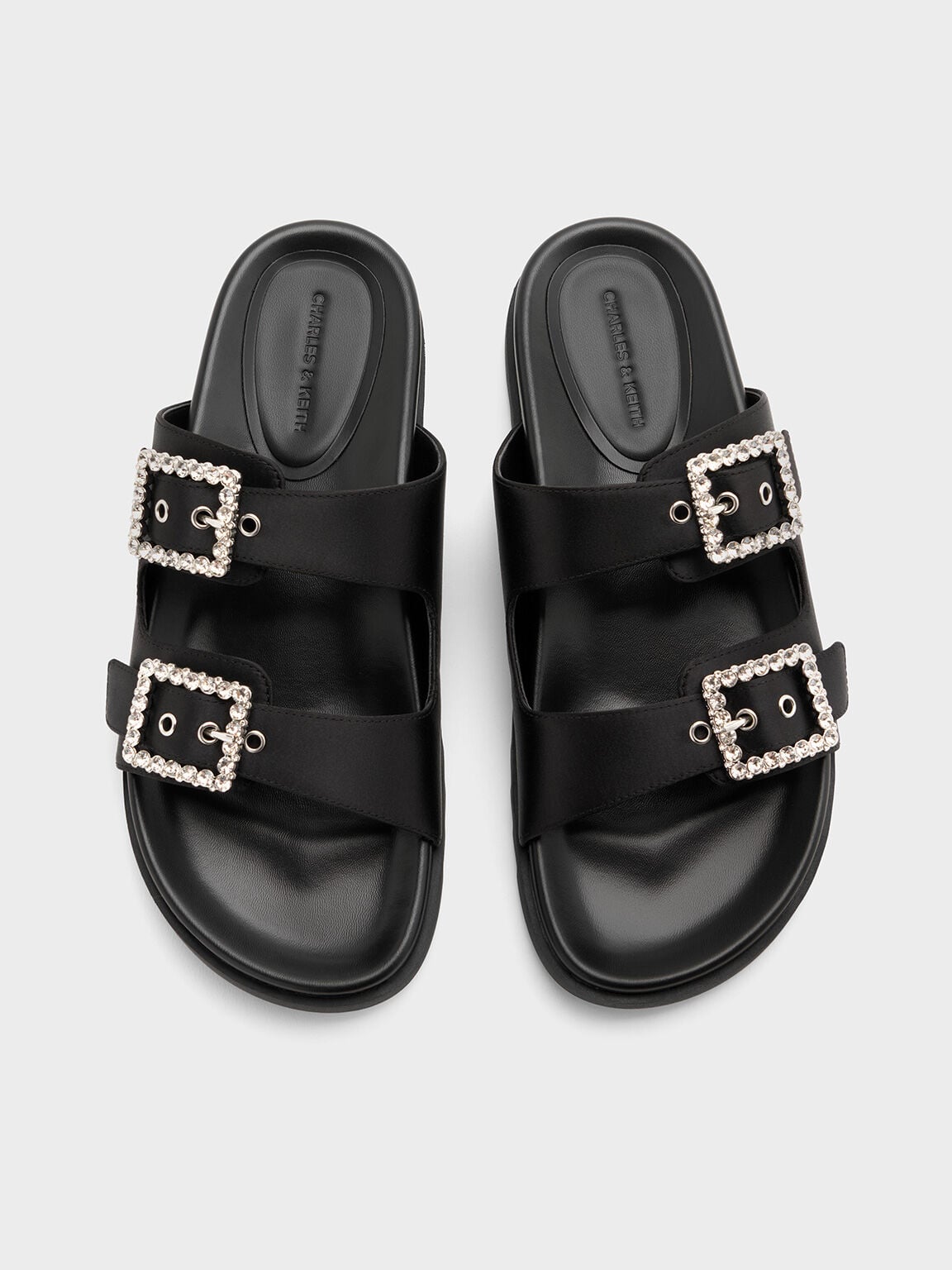 CHARLES & KEITH Value | Gem-Buckle Double-Strap Sandals - Black Textured