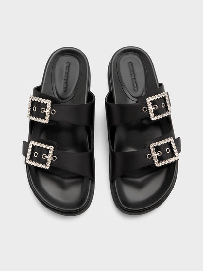 CHARLES & KEITH Value | Gem-Buckle Double-Strap Sandals - Black Textured