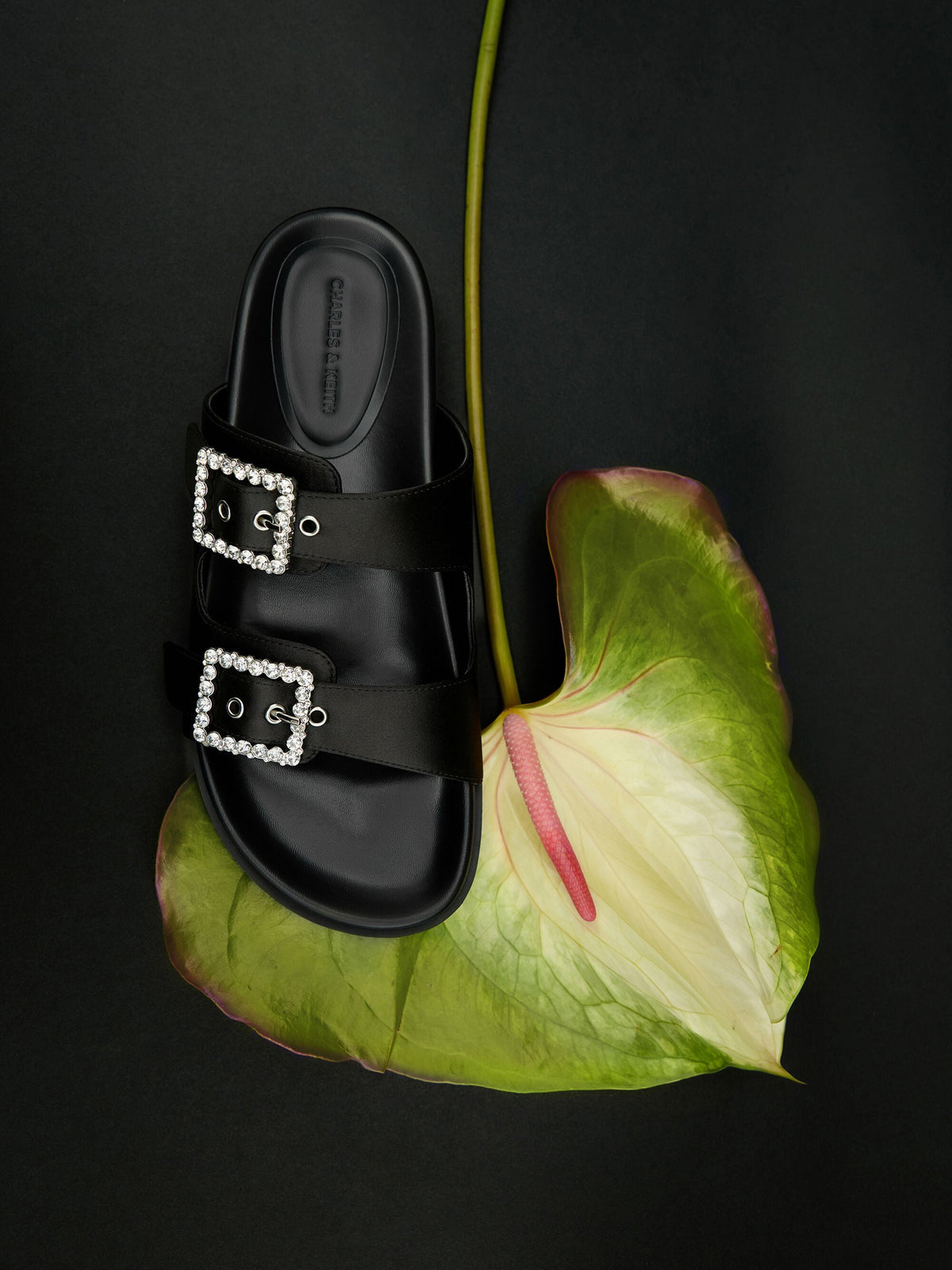 CHARLES & KEITH Value | Gem-Buckle Double-Strap Sandals - Black Textured