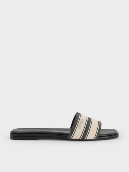 CHARLES & KEITH Hot Sale | Striped Square-Toe Slide Sandals - Black Textured