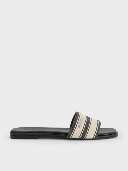 CHARLES & KEITH Hot Sale | Striped Square-Toe Slide Sandals - Black Textured