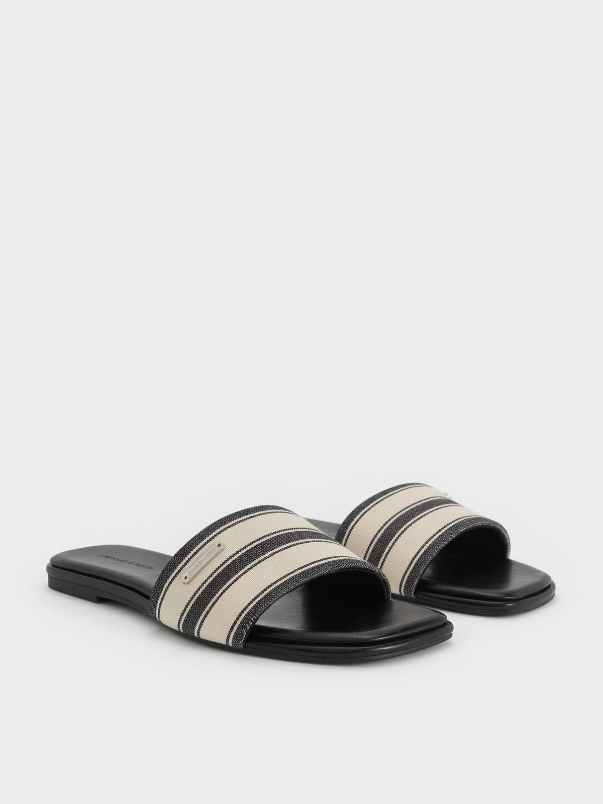 CHARLES & KEITH Hot Sale | Striped Square-Toe Slide Sandals - Black Textured