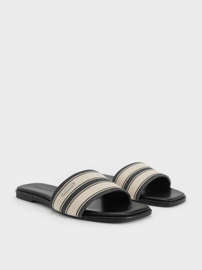 CHARLES & KEITH Hot Sale | Striped Square-Toe Slide Sandals - Black Textured
