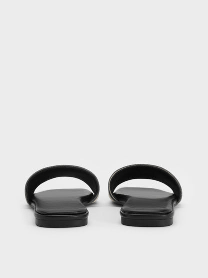 CHARLES & KEITH Hot Sale | Striped Square-Toe Slide Sandals - Black Textured