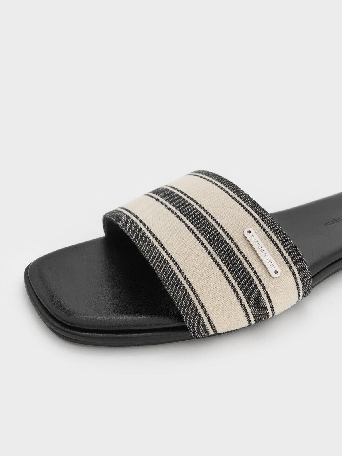 CHARLES & KEITH Hot Sale | Striped Square-Toe Slide Sandals - Black Textured
