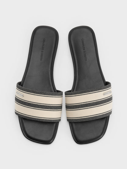 CHARLES & KEITH Hot Sale | Striped Square-Toe Slide Sandals - Black Textured