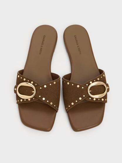CHARLES & KEITH Discount | Studded Buckled Slide Sandals - Brown