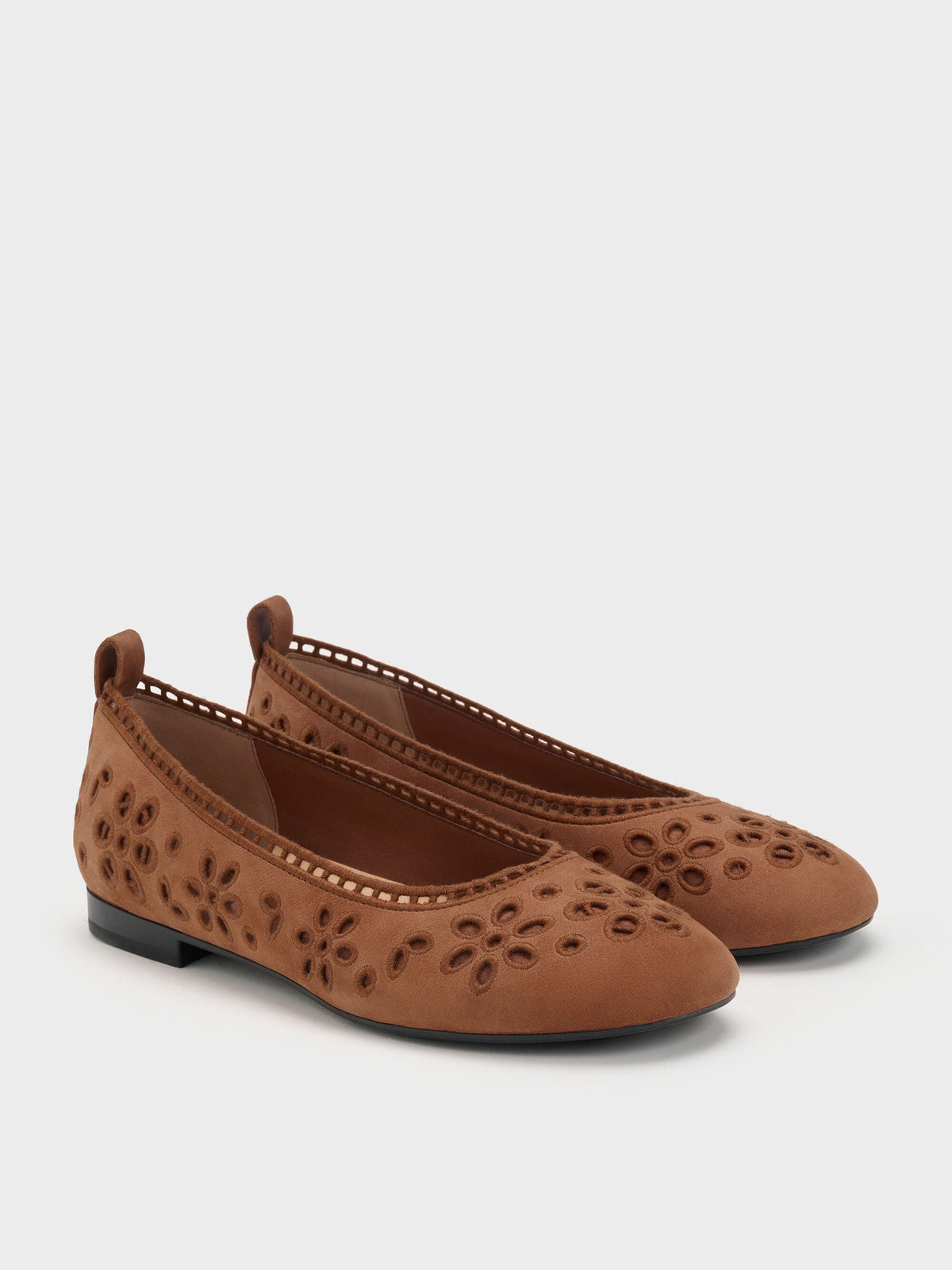 CHARLES & KEITH Smart Buy | Leather Embroidered Ballet Flats - Cognac