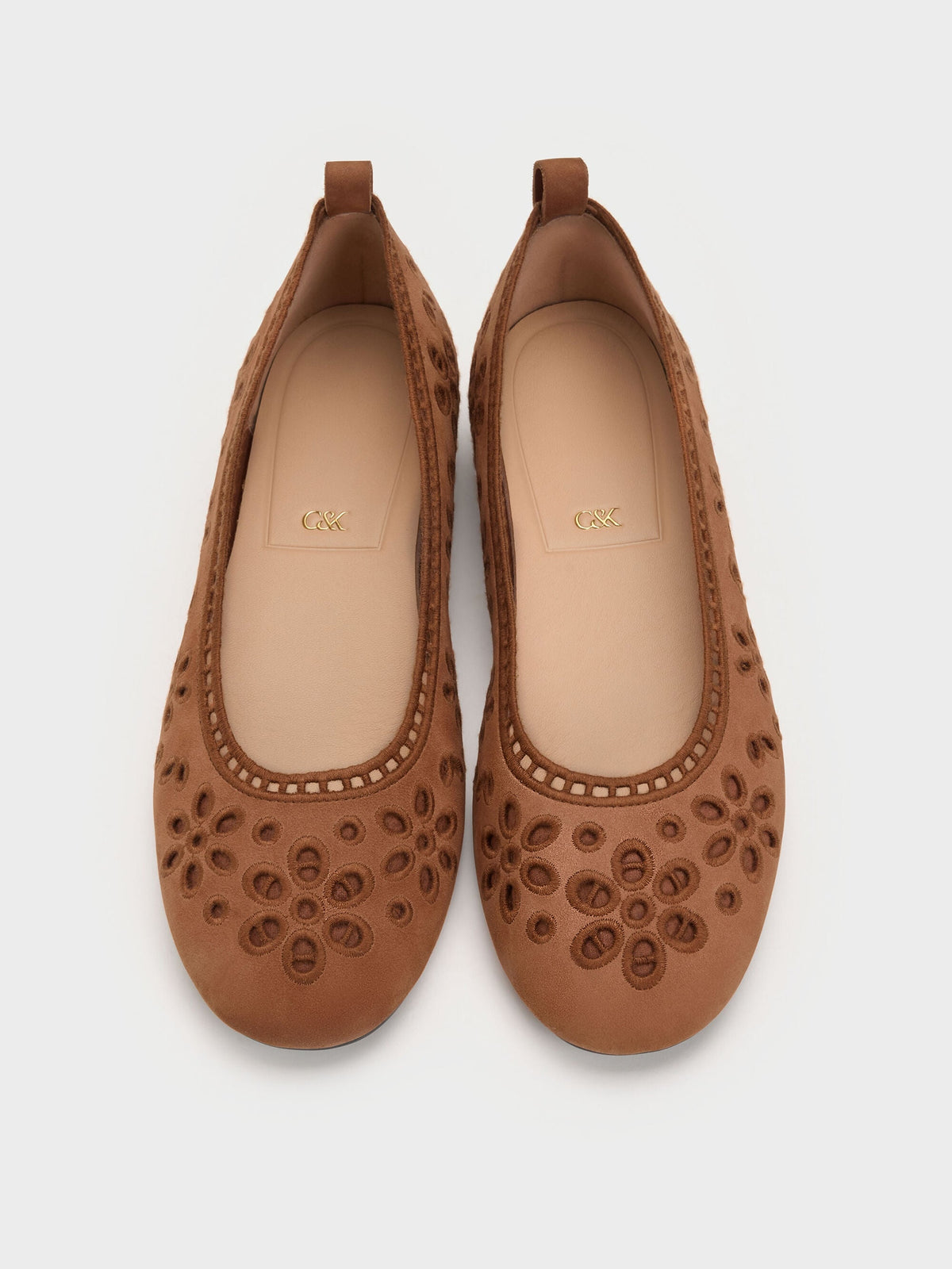 CHARLES & KEITH Smart Buy | Leather Embroidered Ballet Flats - Cognac