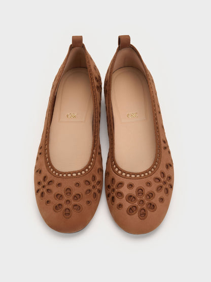 CHARLES & KEITH Smart Buy | Leather Embroidered Ballet Flats - Cognac
