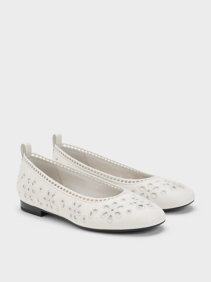 CHARLES & KEITH Discount | Leather Embroidered Ballet Flats - White