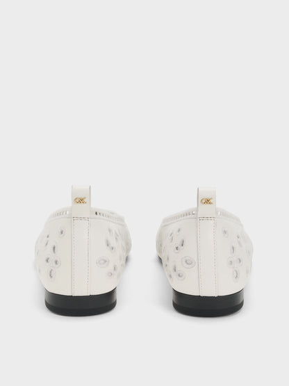 CHARLES & KEITH Discount | Leather Embroidered Ballet Flats - White