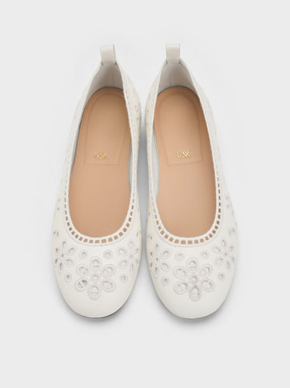 CHARLES & KEITH Discount | Leather Embroidered Ballet Flats - White