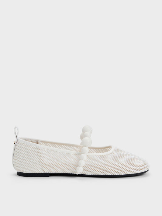 CHARLES & KEITH Great Value | Leather Mesh Beaded Mary Jane Flats - Chalk